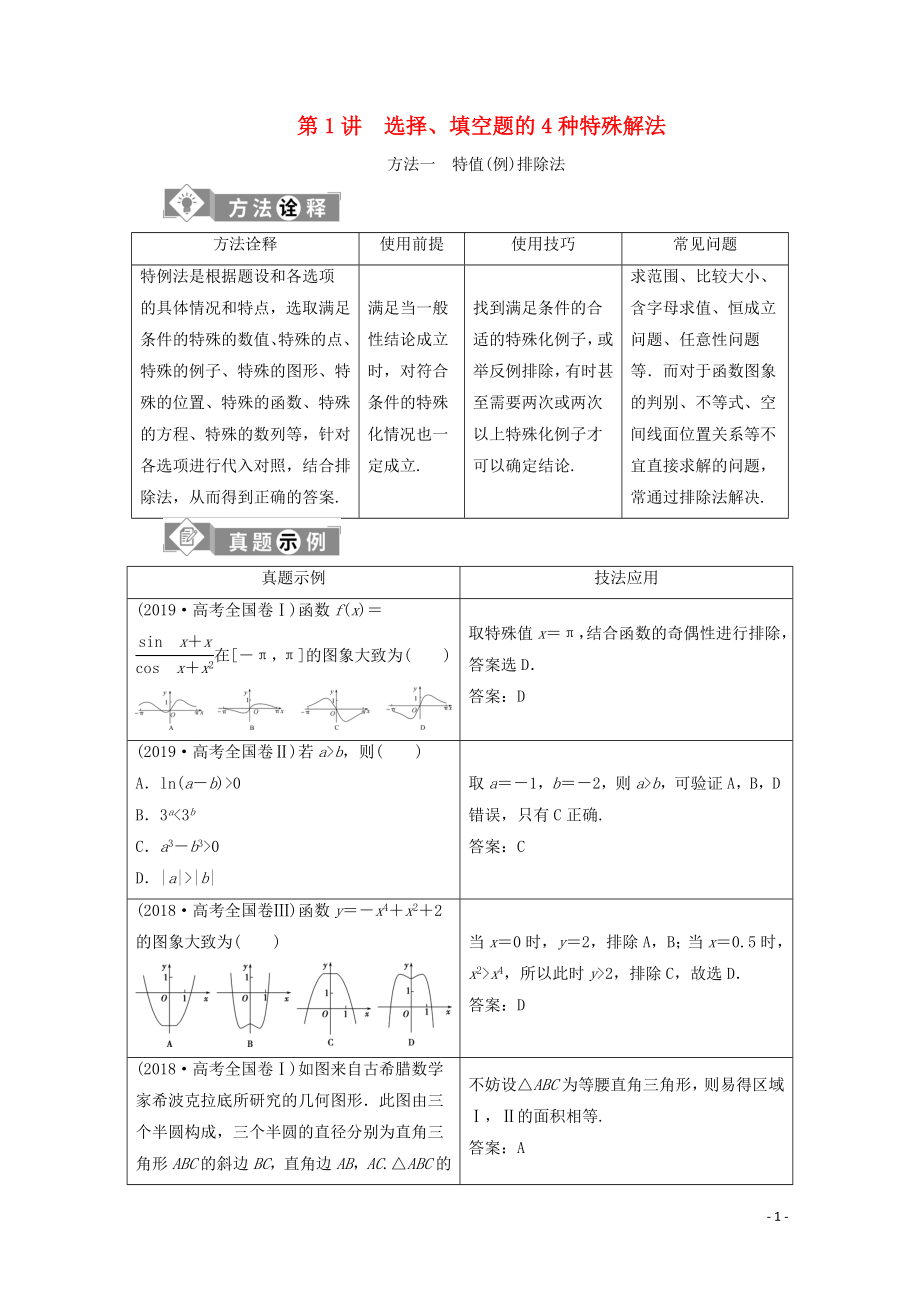 （新課標(biāo)）2020版高考數(shù)學(xué)二輪復(fù)習(xí) 第一部分 基礎(chǔ)考點(diǎn) 自主練透 第1講 選擇、填空題的4種特殊解法學(xué)案 理 新人教A版_第1頁(yè)