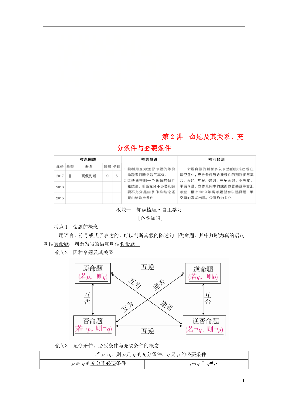 （全國(guó)版）2019版高考數(shù)學(xué)一輪復(fù)習(xí) 第1章 集合與常用邏輯用語 第2講 命題及其關(guān)系學(xué)案_第1頁