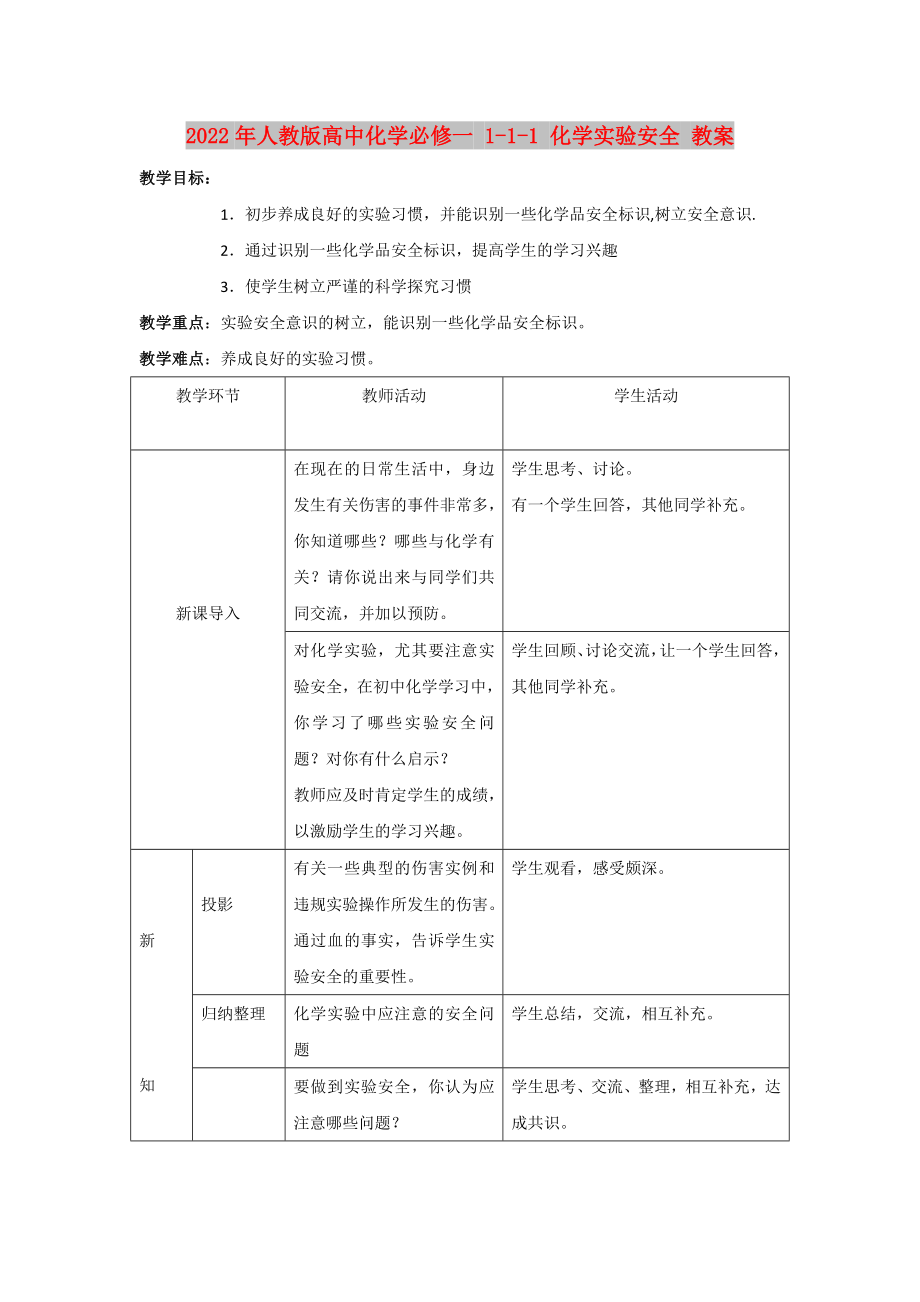 2022年人教版高中化學(xué)必修一 1-1-1 化學(xué)實(shí)驗(yàn)安全 教案_第1頁