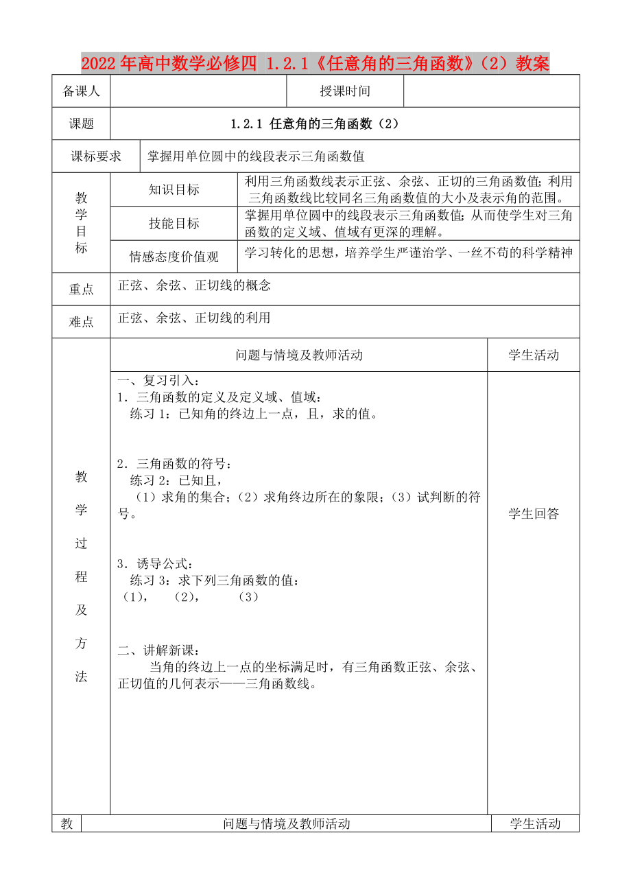 2022年高中數(shù)學(xué)必修四 1.2.1《任意角的三角函數(shù)》（2）教案_第1頁