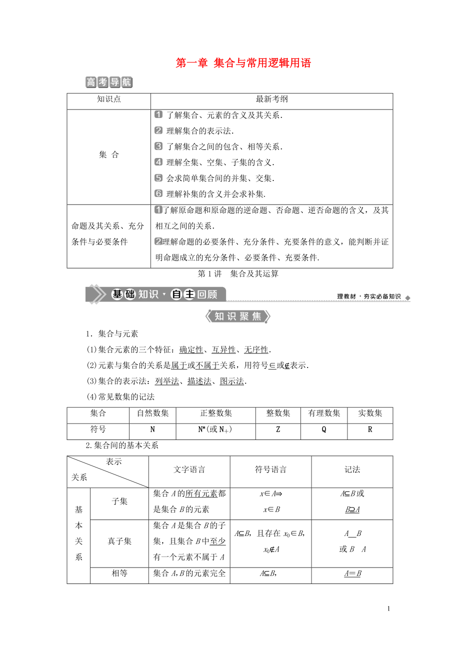 （浙江專用）2021版新高考數(shù)學(xué)一輪復(fù)習(xí) 第一章 集合與常用邏輯用語 1 第1講 集合及其運算教學(xué)案_第1頁