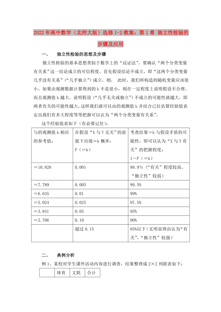 2022年高中数学（北师大版）选修1-2教案：第1章 独立性检验的步骤及应用_第1页