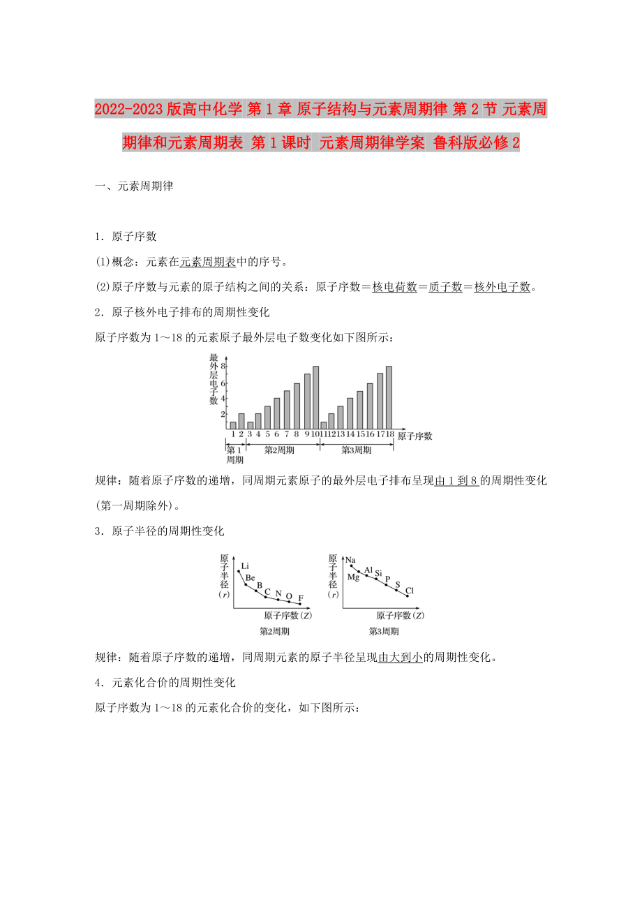 2022-2023版高中化學 第1章 原子結(jié)構(gòu)與元素周期律 第2節(jié) 元素周期律和元素周期表 第1課時 元素周期律學案 魯科版必修2_第1頁