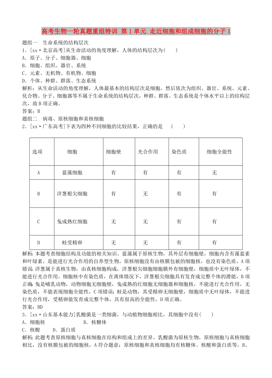 高考生物一轮真题重组特训 第1单元 走近细胞和组成细胞的分子1_第1页