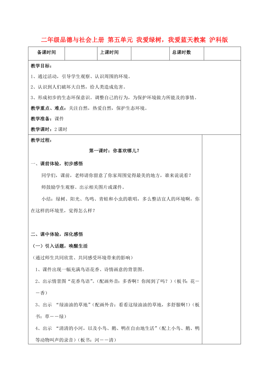 二年級品德與社會上冊 第五單元 我愛綠樹我愛藍天教案 滬科版_第1頁