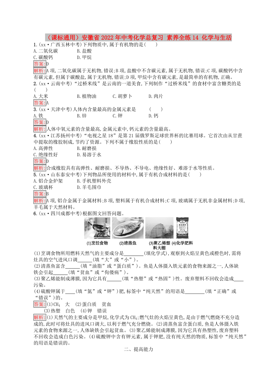 （課標通用）安徽省2022年中考化學(xué)總復(fù)習(xí) 素養(yǎng)全練14 化學(xué)與生活_第1頁