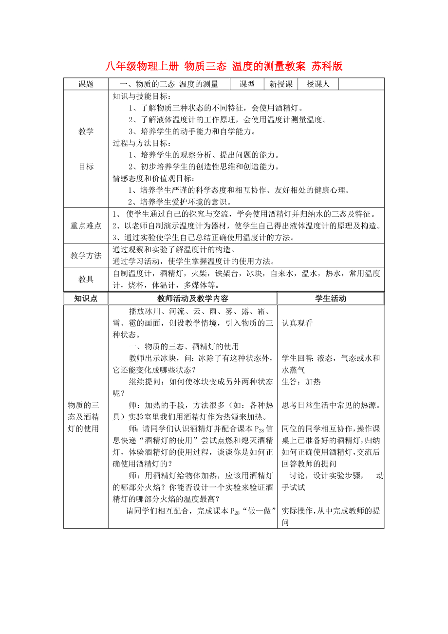 八年級物理上冊 物質(zhì)三態(tài) 溫度的測量教案 蘇科版_第1頁