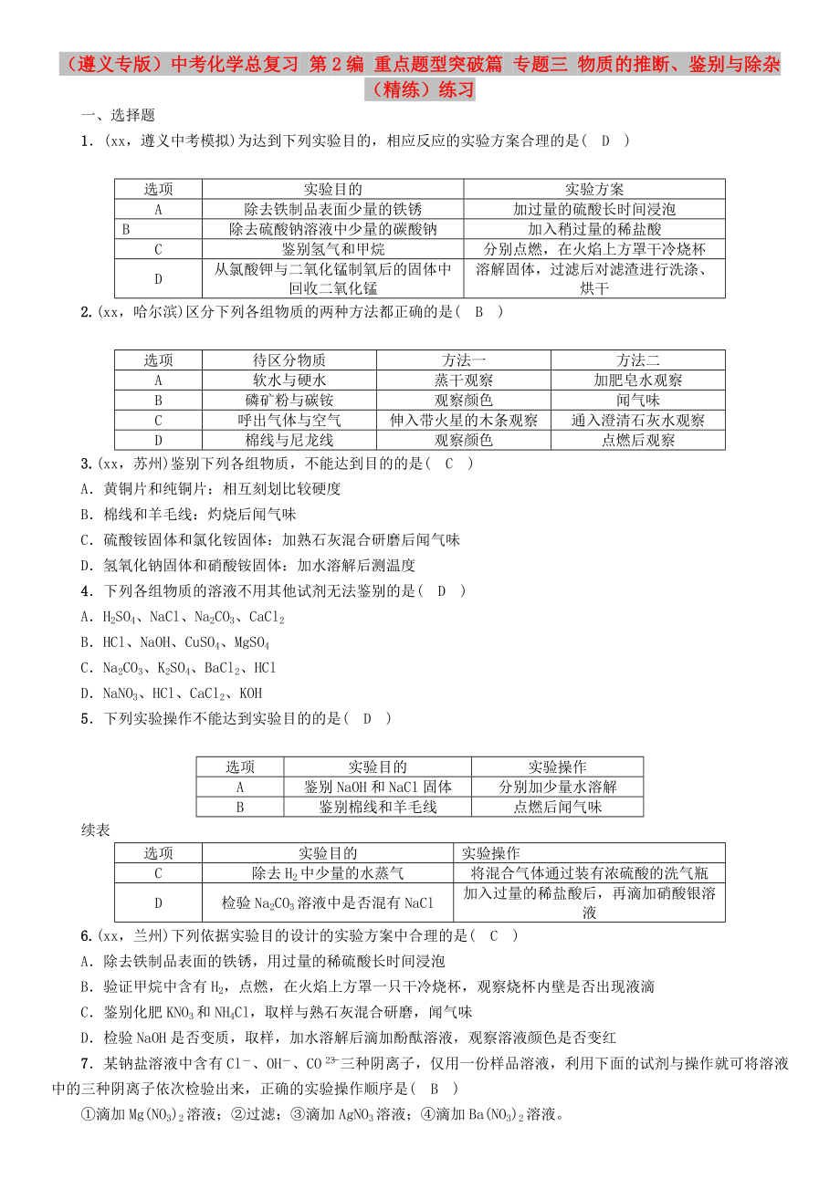 （遵義專版）中考化學(xué)總復(fù)習(xí) 第2編 重點(diǎn)題型突破篇 專題三 物質(zhì)的推斷、鑒別與除雜（精練）練習(xí)_第1頁