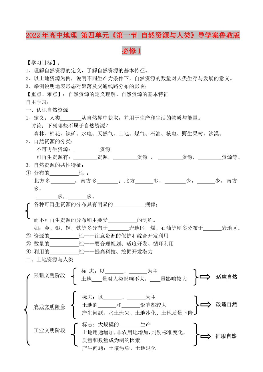 2022年高中地理 第四單元《第一節(jié) 自然資源與人類》導學案魯教版必修1_第1頁