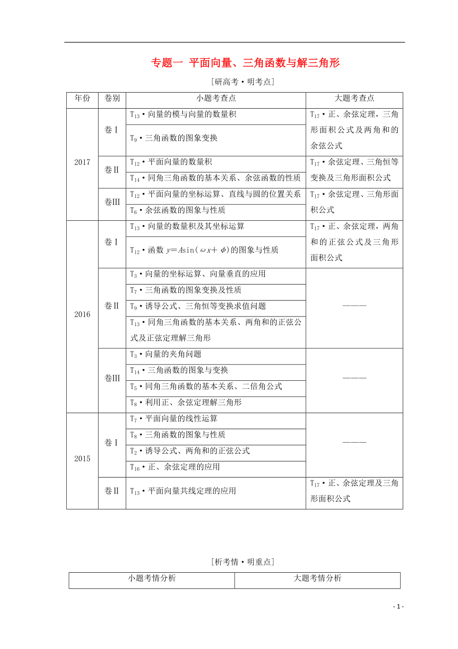 （通用版）2018年高考數(shù)學(xué)二輪復(fù)習(xí) 第一部分 專題一 平面向量、三角函數(shù)與解三角形教學(xué)案 理_第1頁