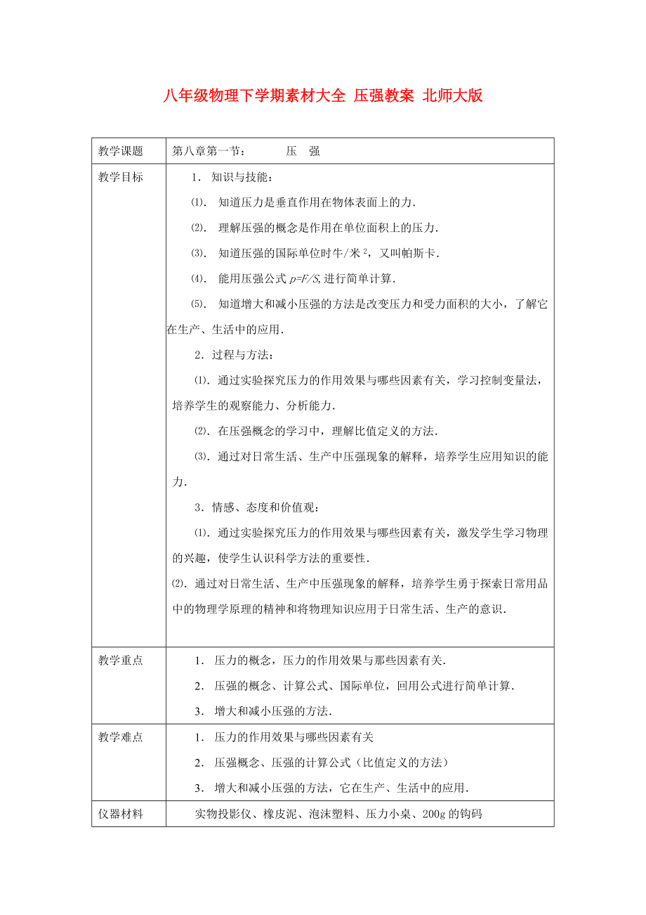 八年級物理下學期素材大全 壓強教案 北師大版_第1頁