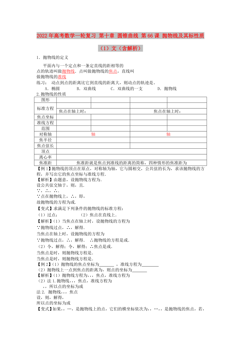 2022年高考數(shù)學(xué)一輪復(fù)習(xí) 第十章 圓錐曲線 第66課 拋物線及其標(biāo)性質(zhì)（1）文（含解析）_第1頁