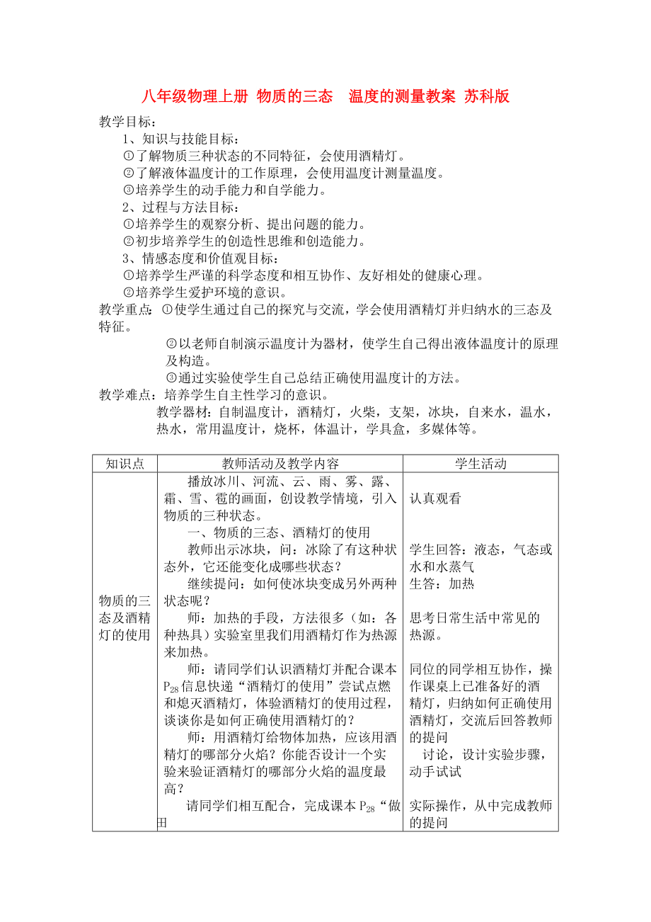 八年級(jí)物理上冊(cè) 物質(zhì)的三態(tài)溫度的測(cè)量教案 蘇科版_第1頁(yè)