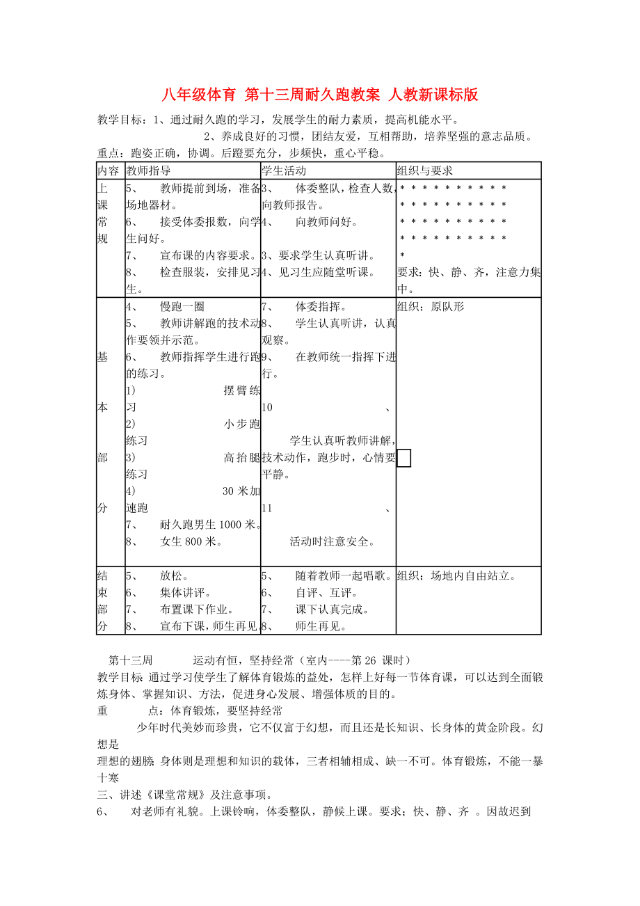 八年級體育 第十三周耐久跑教案 人教新課標版_第1頁