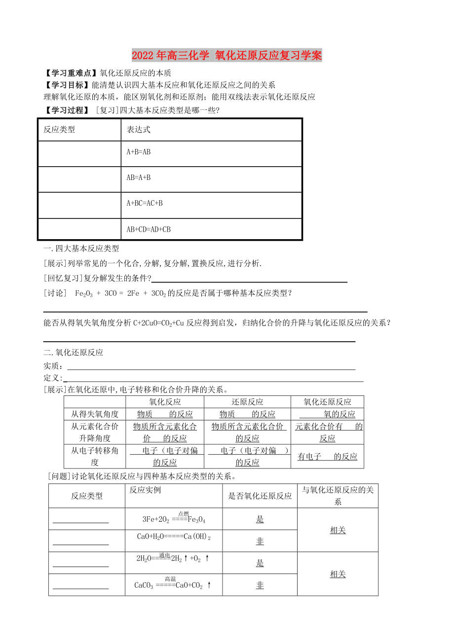 2022年高三化學(xué) 氧化還原反應(yīng)復(fù)習(xí)學(xué)案_第1頁