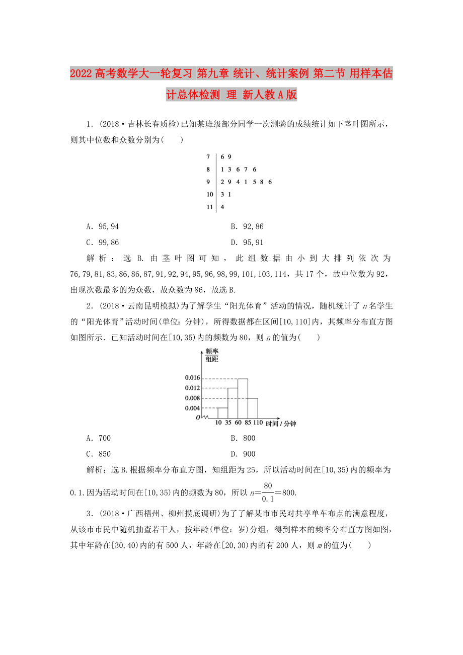 2022高考數(shù)學大一輪復習 第九章 統(tǒng)計、統(tǒng)計案例 第二節(jié) 用樣本估計總體檢測 理 新人教A版_第1頁