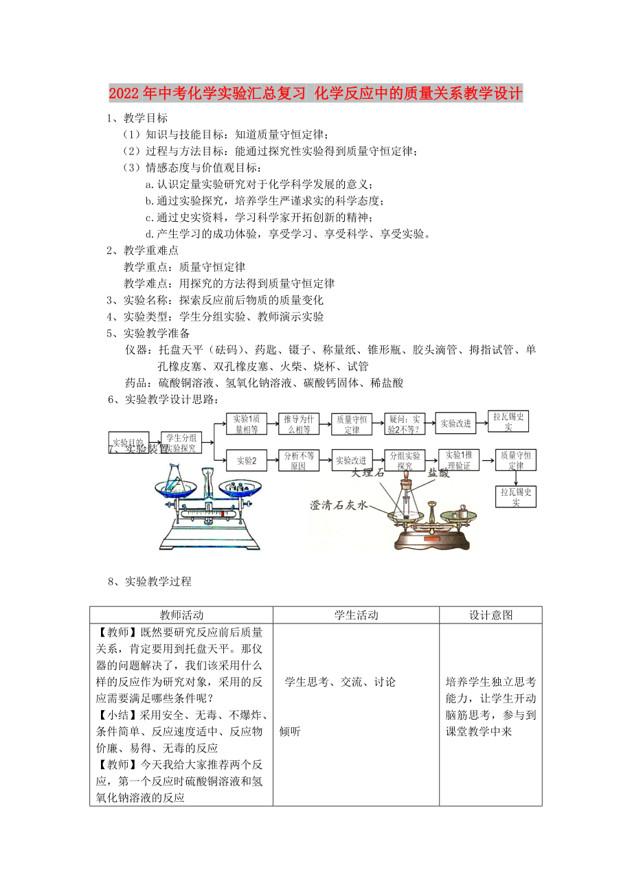 2022年中考化學(xué)實(shí)驗(yàn)匯總復(fù)習(xí) 化學(xué)反應(yīng)中的質(zhì)量關(guān)系教學(xué)設(shè)計_第1頁