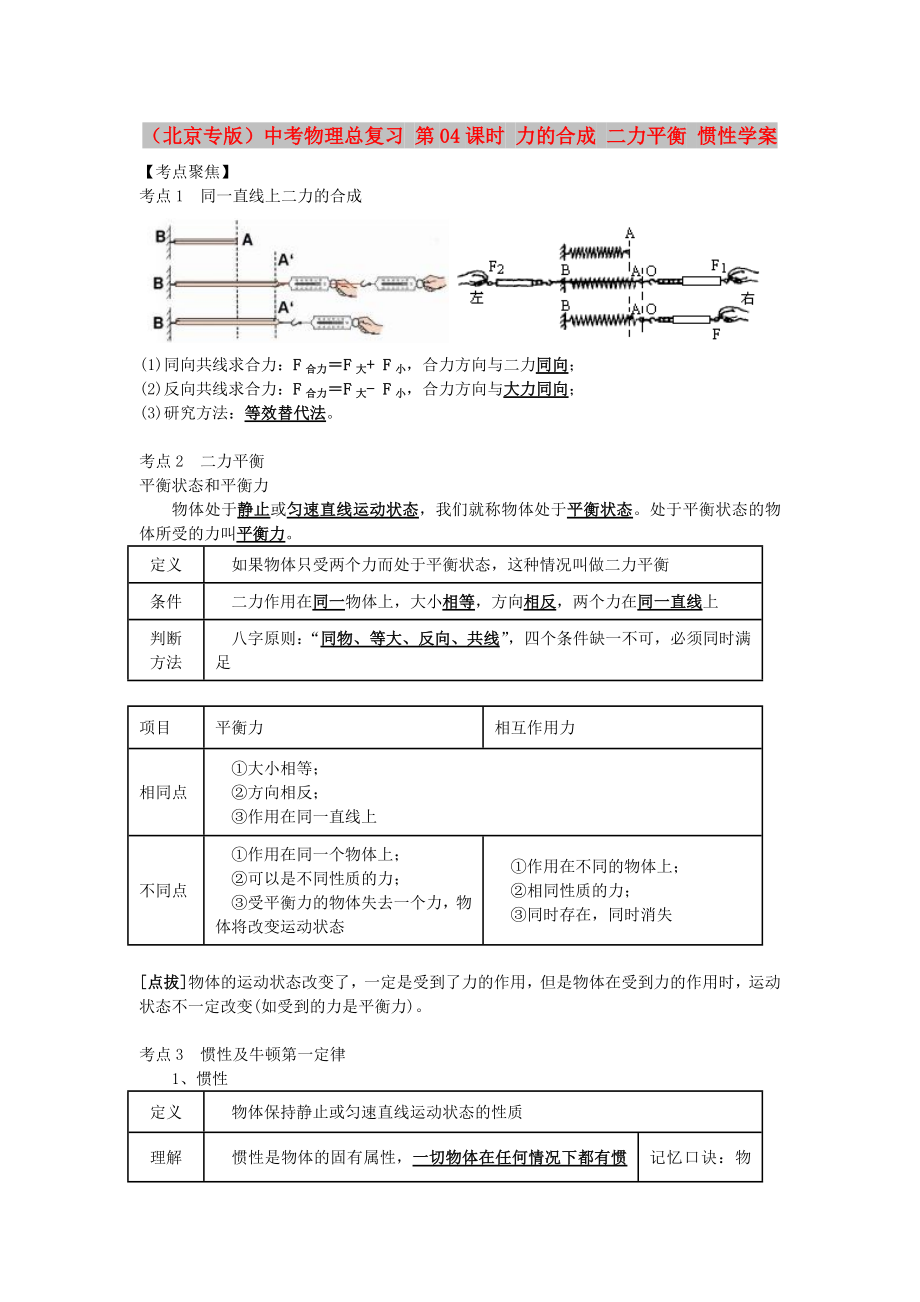 （北京專版）中考物理總復(fù)習(xí) 第04課時 力的合成 二力平衡 慣性學(xué)案_第1頁