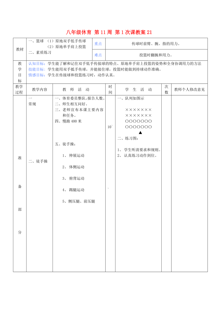 八年級(jí)休育 第11周 第1次課教案21_第1頁(yè)