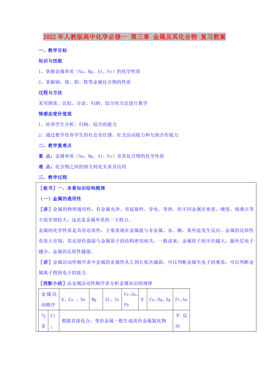 2022年人教版高中化學(xué)必修一 第三章 金屬及其化合物 復(fù)習(xí)教案_第1頁