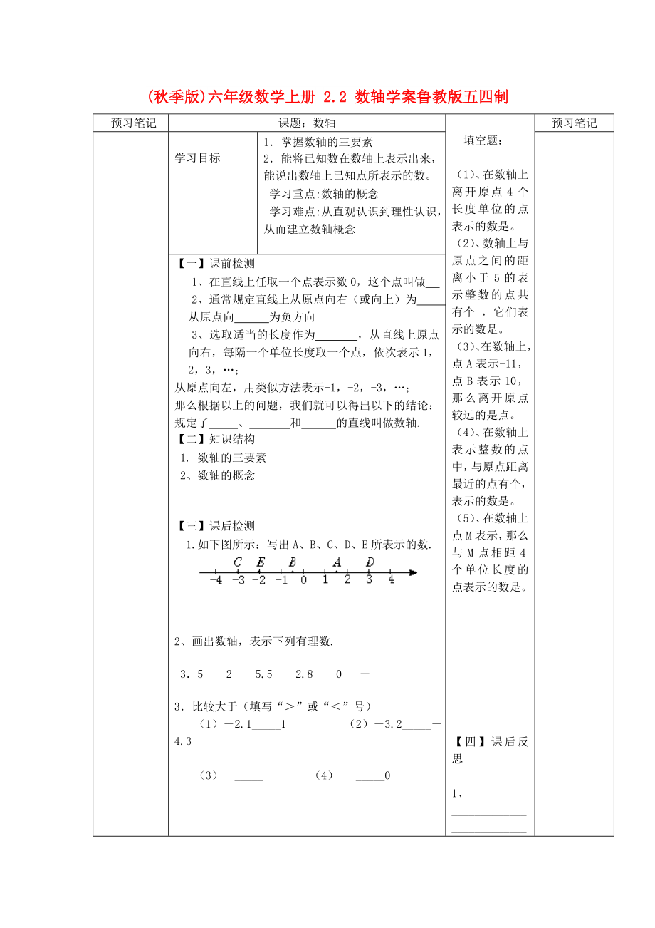 (秋季版)六年級數(shù)學(xué)上冊 2.2 數(shù)軸學(xué)案魯教版五四制_第1頁