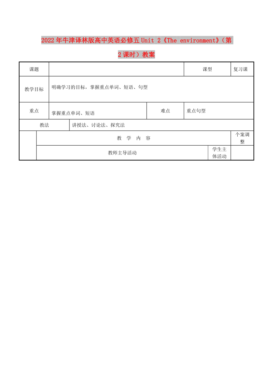 2022年牛津譯林版高中英語必修五Unit 2《The environment》（第2課時(shí)）教案_第1頁