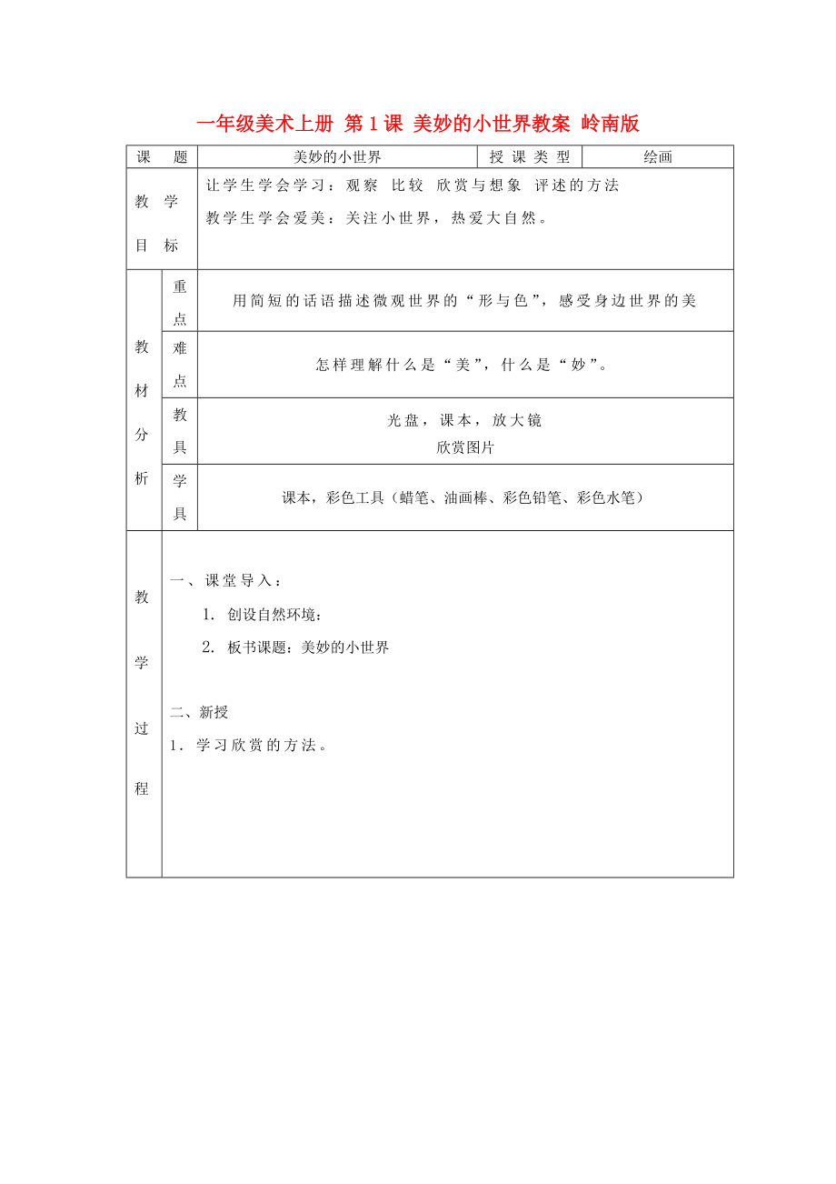 一年級(jí)美術(shù)上冊(cè) 第1課 美妙的小世界教案 嶺南版_第1頁