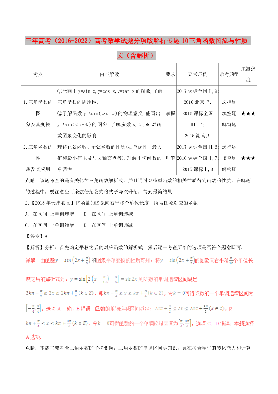 三年高考（2016-2022）高考數(shù)學試題分項版解析 專題10 三角函數(shù)圖象與性質(zhì) 文（含解析）_第1頁