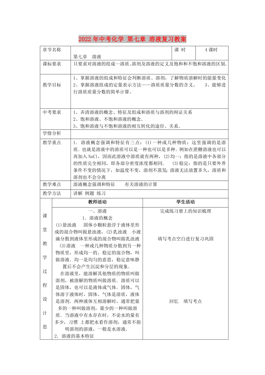 2022年中考化學 第七章 溶液復習教案_第1頁