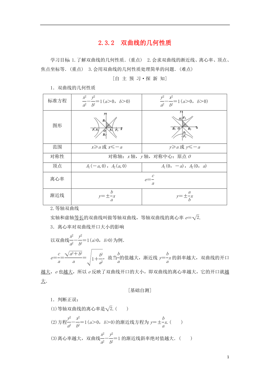 （江蘇專用）2018-2019學年高中數(shù)學 第二章 圓錐曲線與方程 2.3 雙曲線 2.3.2 雙曲線的幾何性質(zhì)學案 蘇教版選修1-1_第1頁