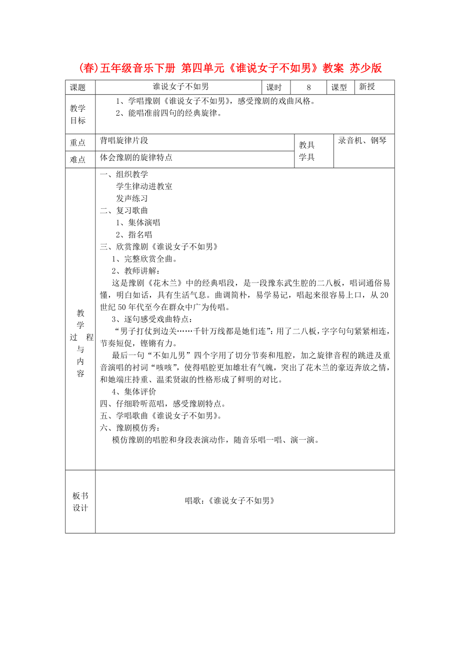 (春)五年級音樂下冊 第四單元《誰說女子不如男》教案 蘇少版_第1頁