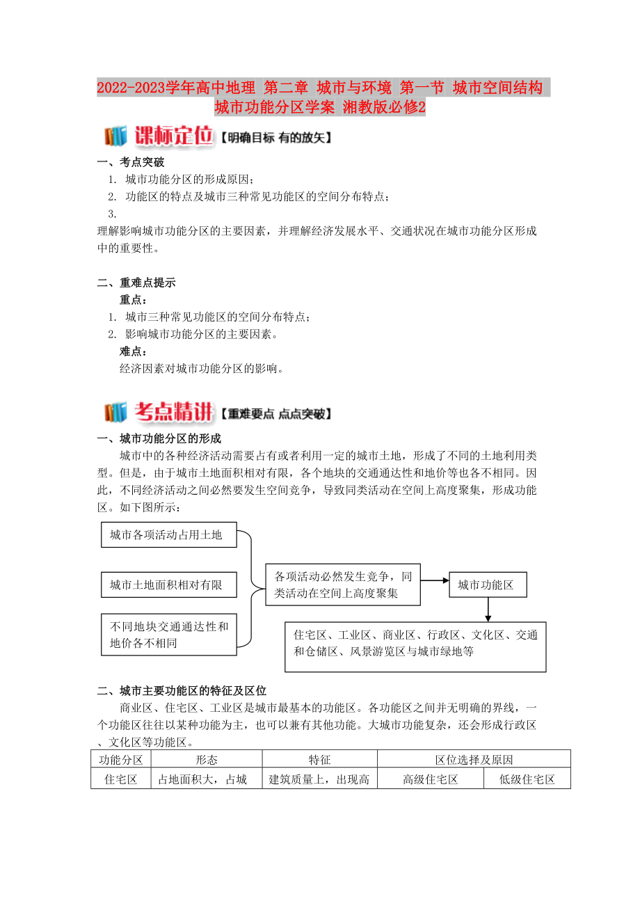 2022-2023學(xué)年高中地理 第二章 城市與環(huán)境 第一節(jié) 城市空間結(jié)構(gòu) 城市功能分區(qū)學(xué)案 湘教版必修2_第1頁