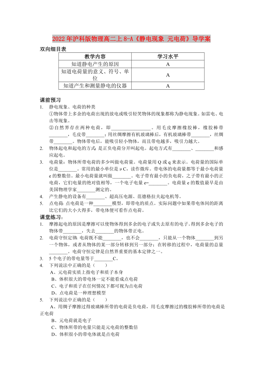 2022年滬科版物理高二上8-A《靜電現(xiàn)象 元電荷》導(dǎo)學(xué)案_第1頁(yè)