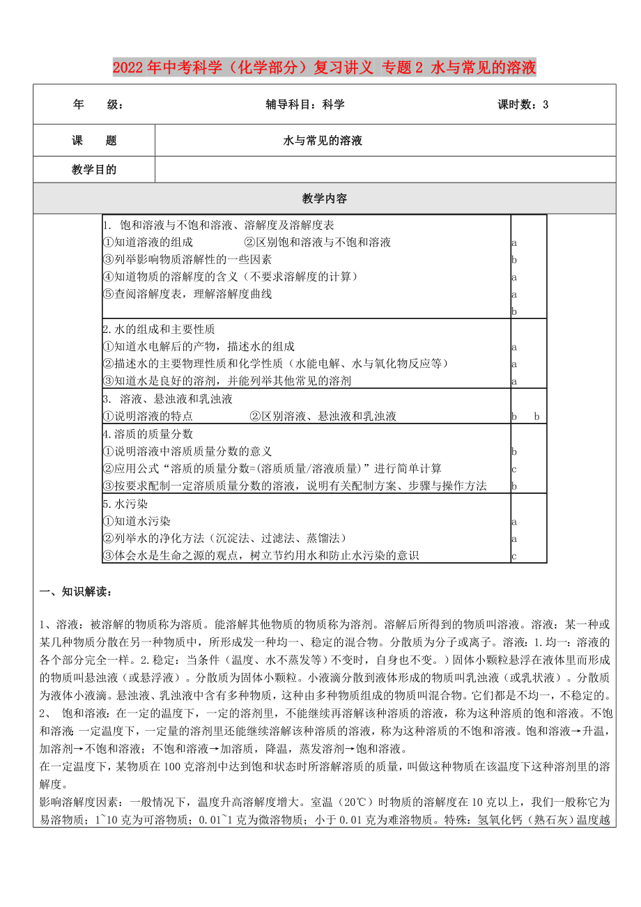 2022年中考科學(xué)（化學(xué)部分）復(fù)習(xí)講義 專題2 水與常見的溶液_第1頁