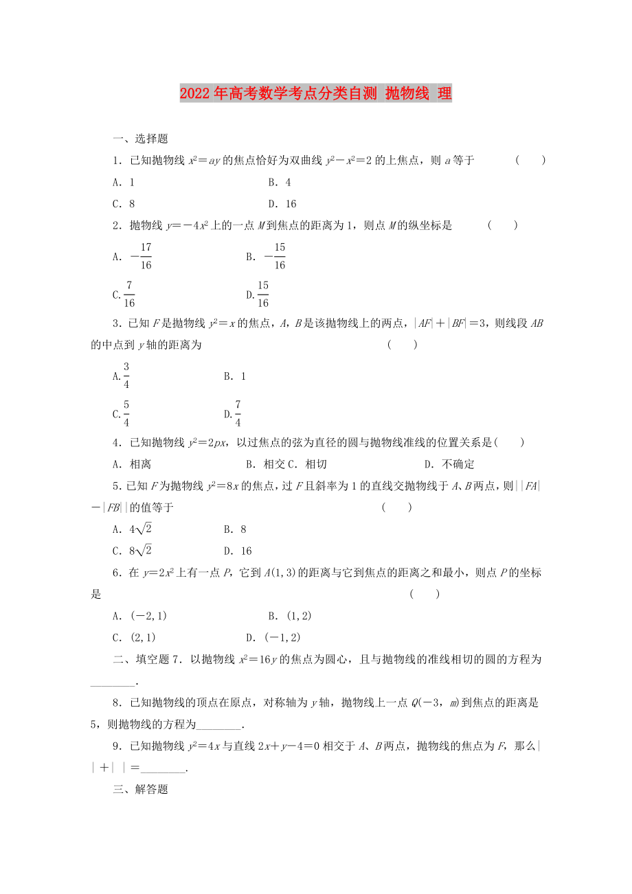 2022年高考數(shù)學考點分類自測 拋物線 理_第1頁