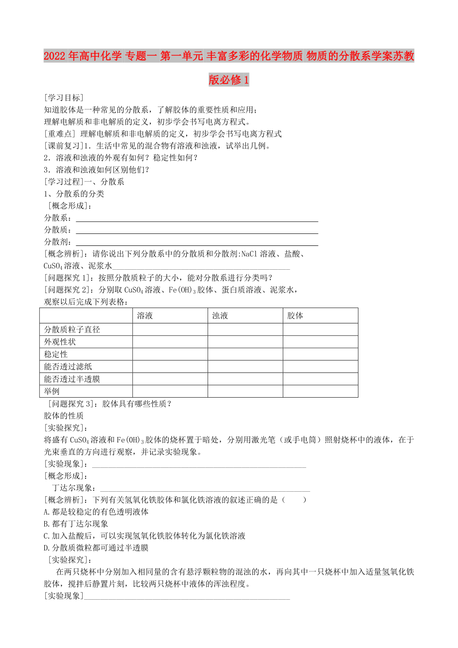 2022年高中化学 专题一 第一单元 丰富多彩的化学物质 物质的分散系学案苏教版必修1_第1页