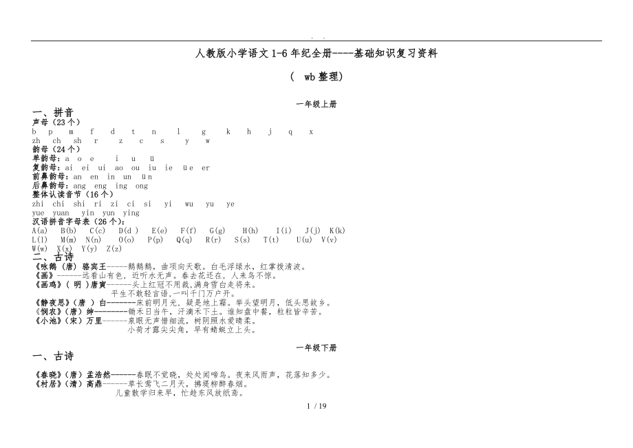 人版小学语文基础知识复习资料1-6年级_第1页