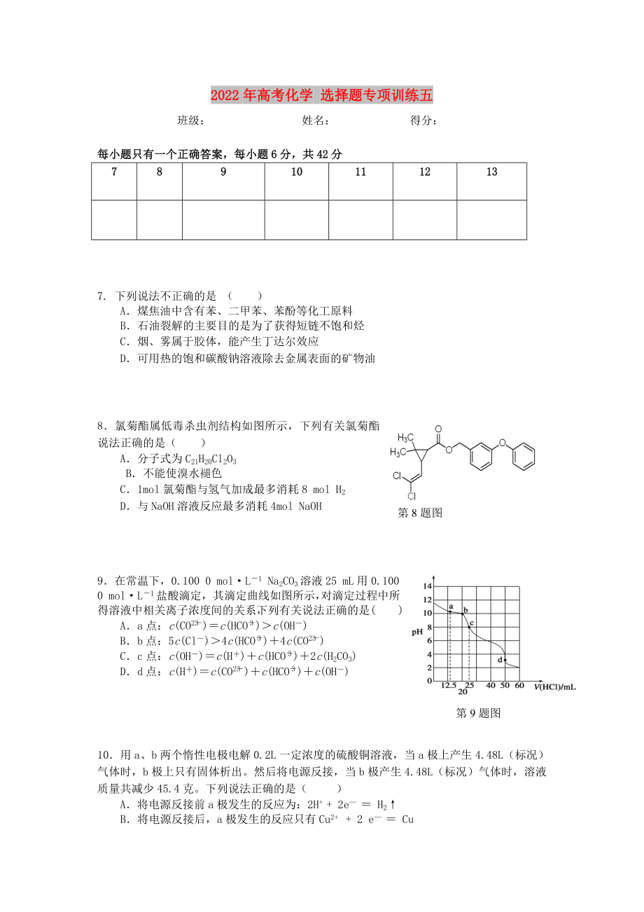 2022年高考化學(xué) 選擇題專項(xiàng)訓(xùn)練五_第1頁