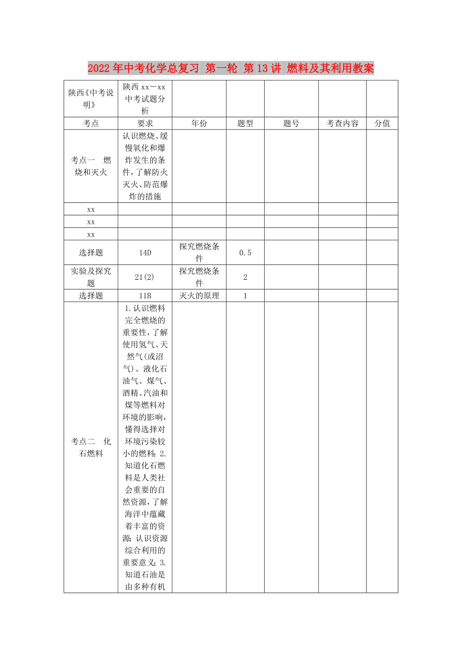 2022年中考化學總復習 第一輪 第13講 燃料及其利用教案_第1頁