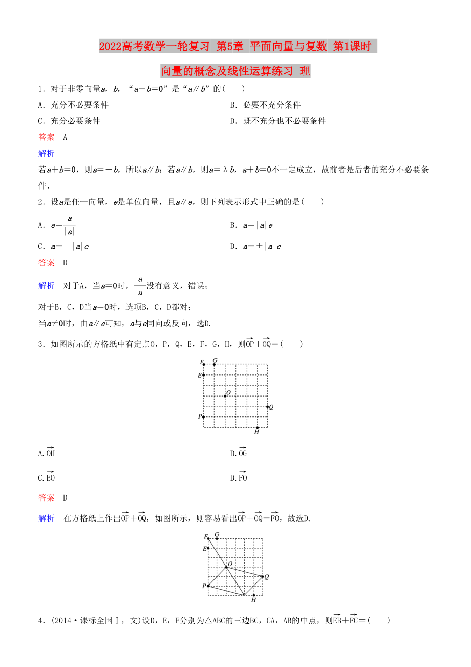 2022高考數(shù)學(xué)一輪復(fù)習(xí) 第5章 平面向量與復(fù)數(shù) 第1課時(shí) 向量的概念及線性運(yùn)算練習(xí) 理_第1頁