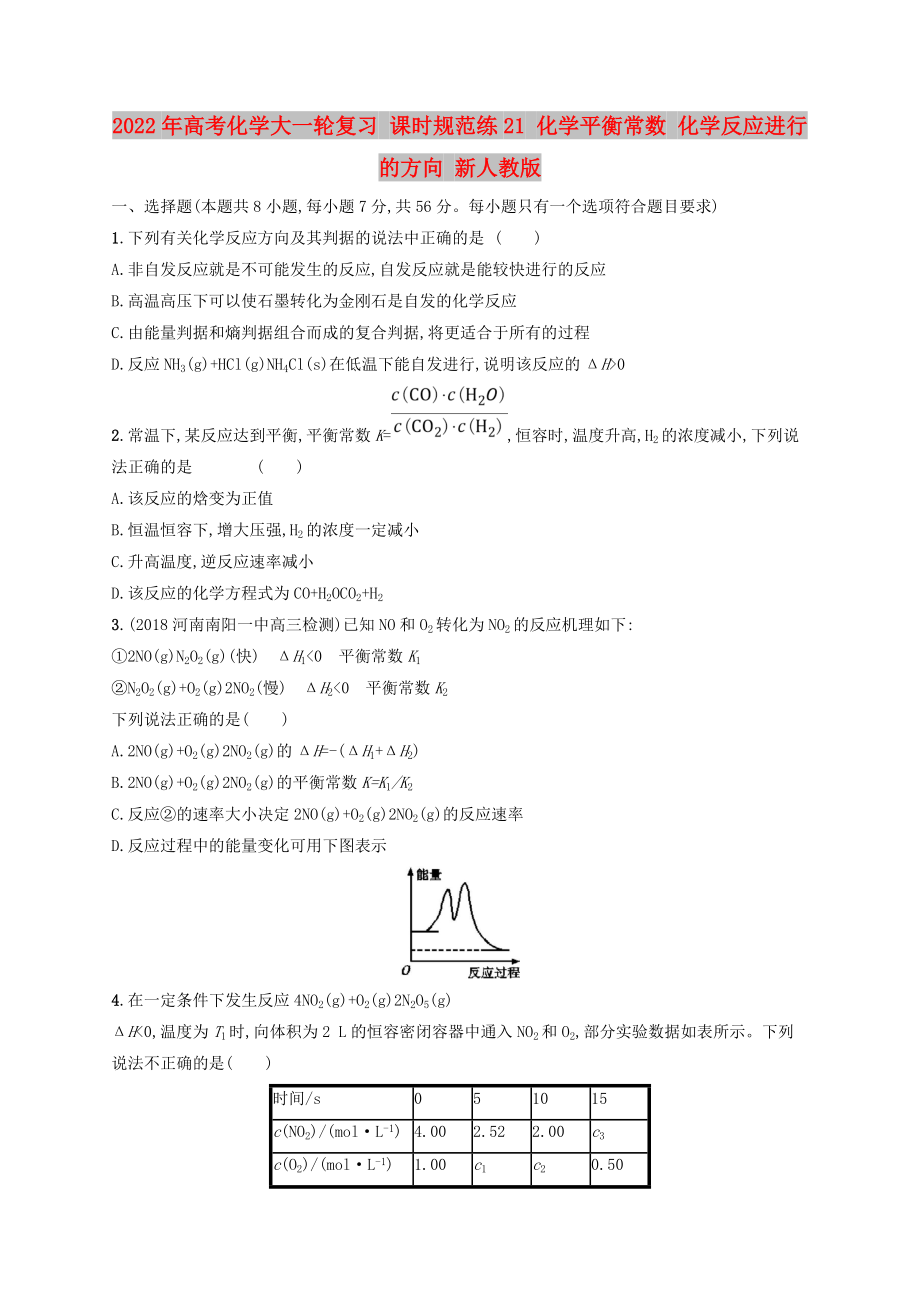 2022年高考化學(xué)大一輪復(fù)習(xí) 課時(shí)規(guī)范練21 化學(xué)平衡常數(shù) 化學(xué)反應(yīng)進(jìn)行的方向 新人教版_第1頁(yè)