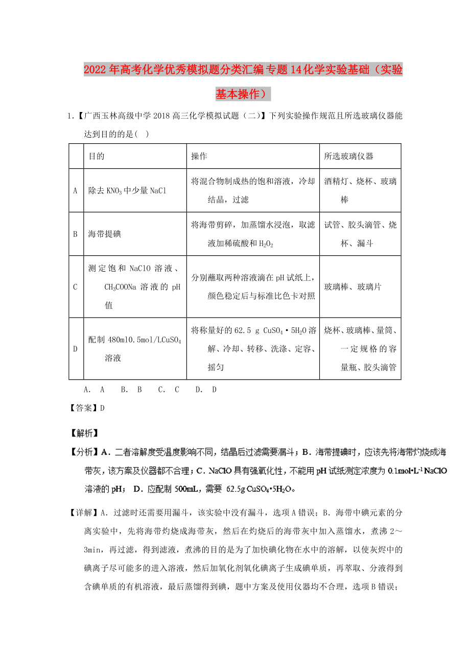 2022年高考化学优秀模拟题分类汇编 专题14 化学实验基础（实验基本操作）_第1页