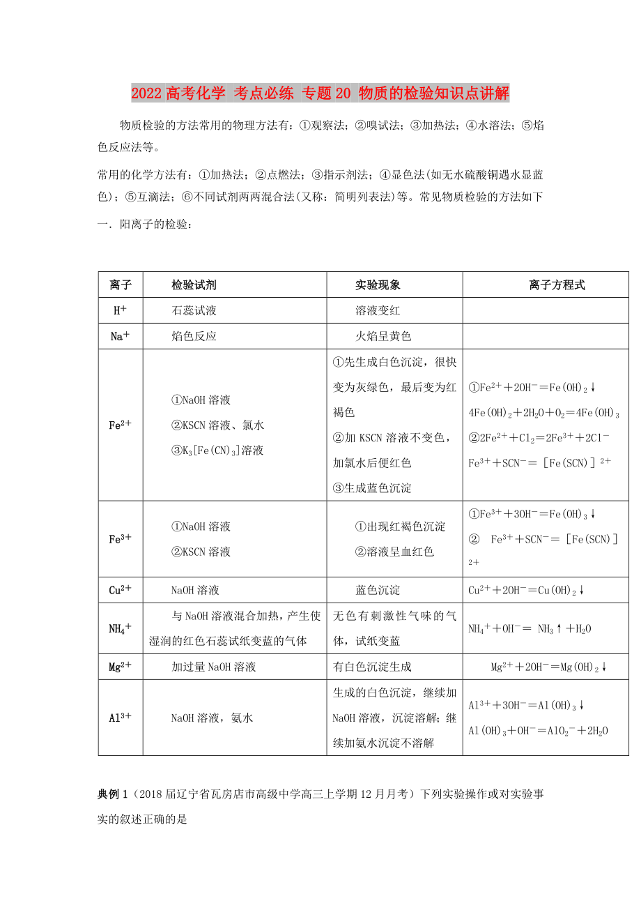 2022高考化學(xué) 考點(diǎn)必練 專(zhuān)題20 物質(zhì)的檢驗(yàn)知識(shí)點(diǎn)講解_第1頁(yè)