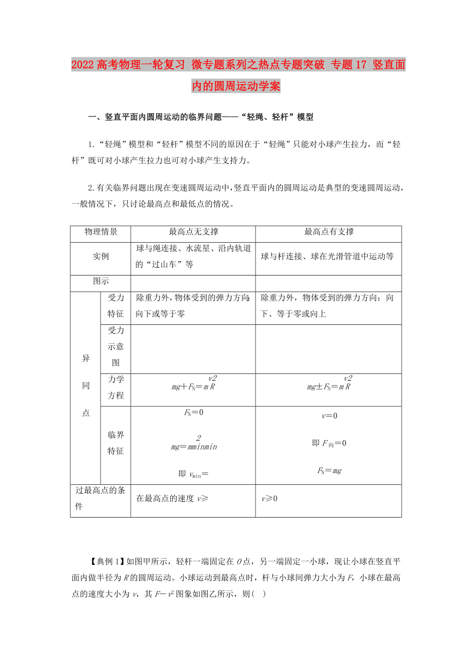 2022高考物理一輪復(fù)習(xí) 微專題系列之熱點(diǎn)專題突破 專題17 豎直面內(nèi)的圓周運(yùn)動學(xué)案_第1頁