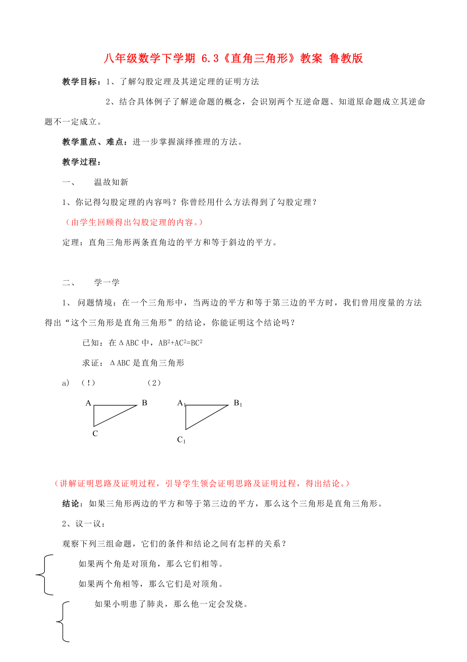 八年級數(shù)學(xué)下學(xué)期 6.3《直角三角形》教案 魯教版_第1頁