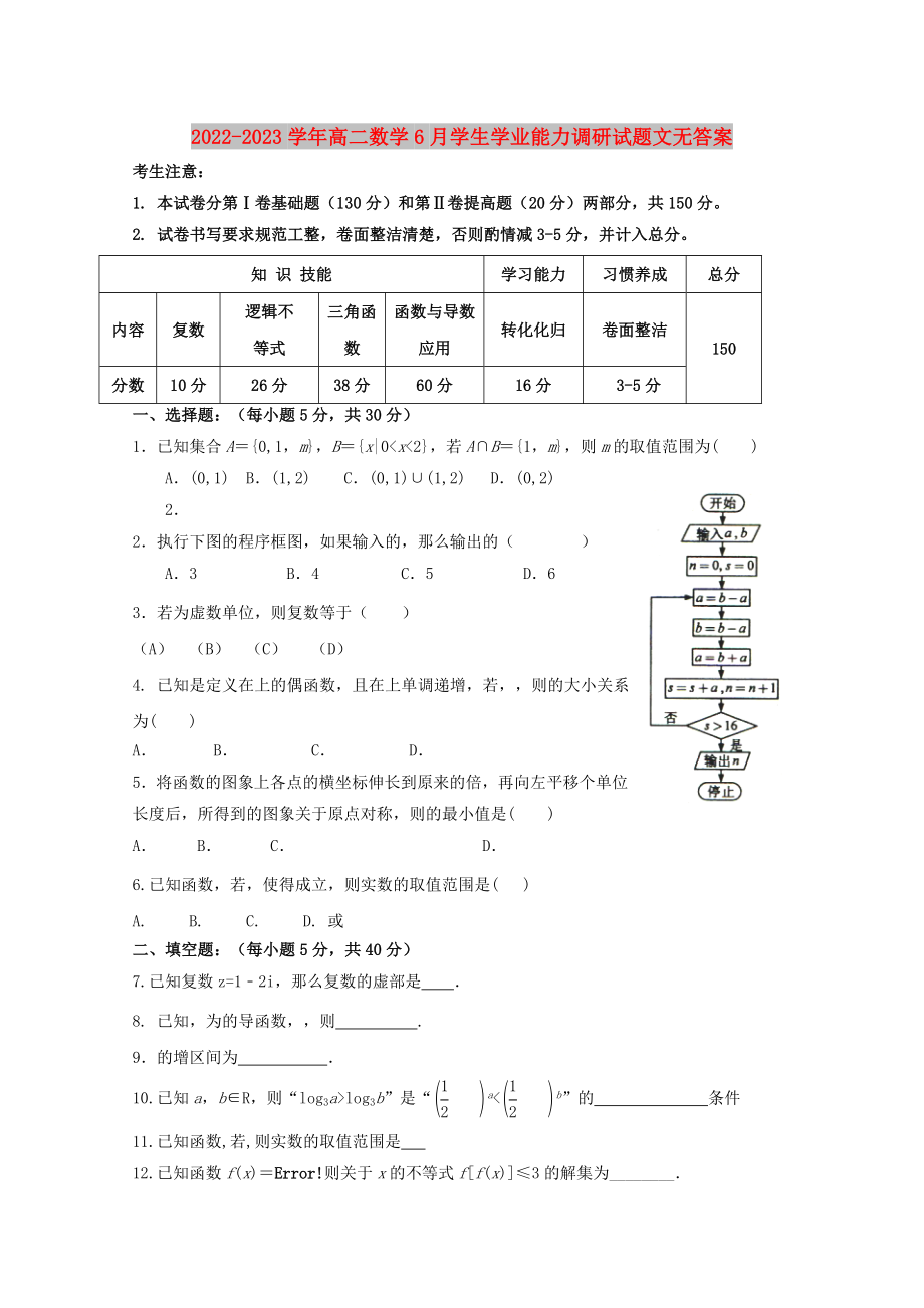 2022-2023学年高二数学6月学生学业能力调研试题文无答案_第1页