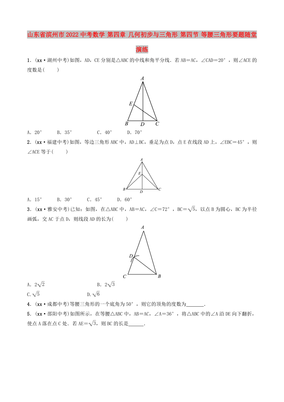 山東省濱州市2022中考數(shù)學(xué) 第四章 幾何初步與三角形 第四節(jié) 等腰三角形要題隨堂演練_第1頁