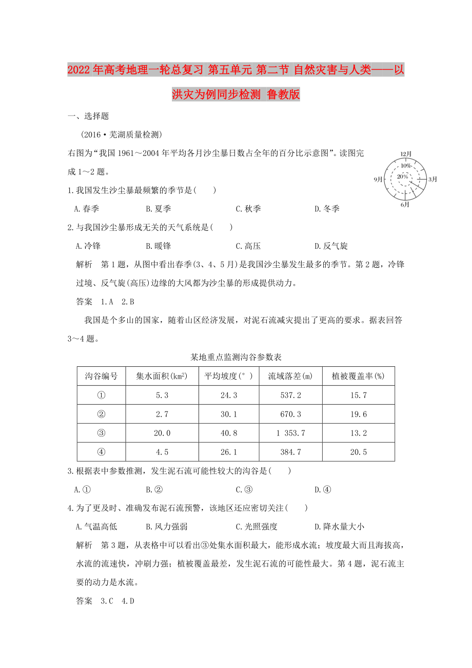 2022年高考地理一轮总复习 第五单元 第二节 自然灾害与人类——以洪灾为例同步检测 鲁教版_第1页