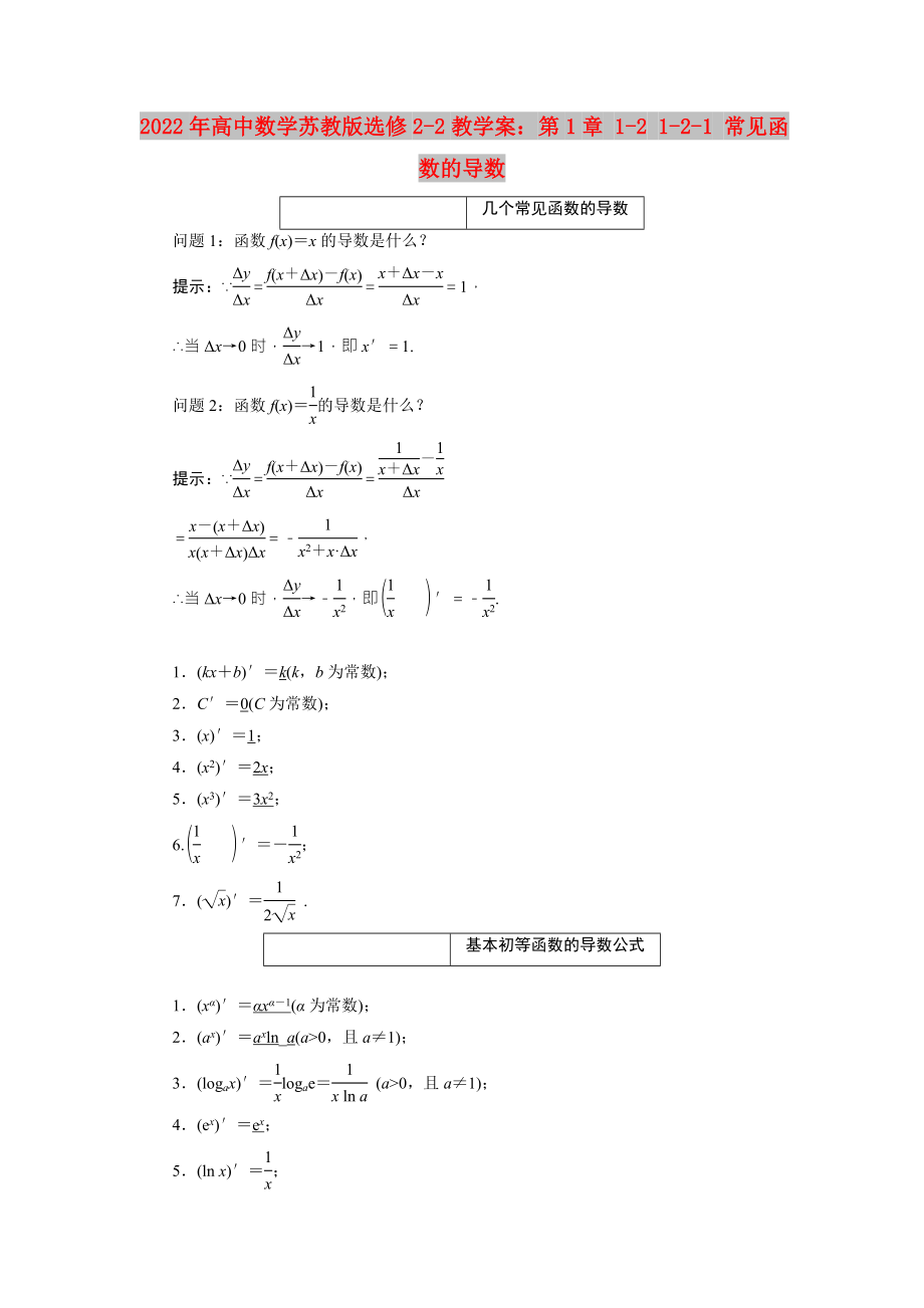 2022年高中數(shù)學蘇教版選修2-2教學案：第1章 1-2 1-2-1 常見函數(shù)的導數(shù)_第1頁