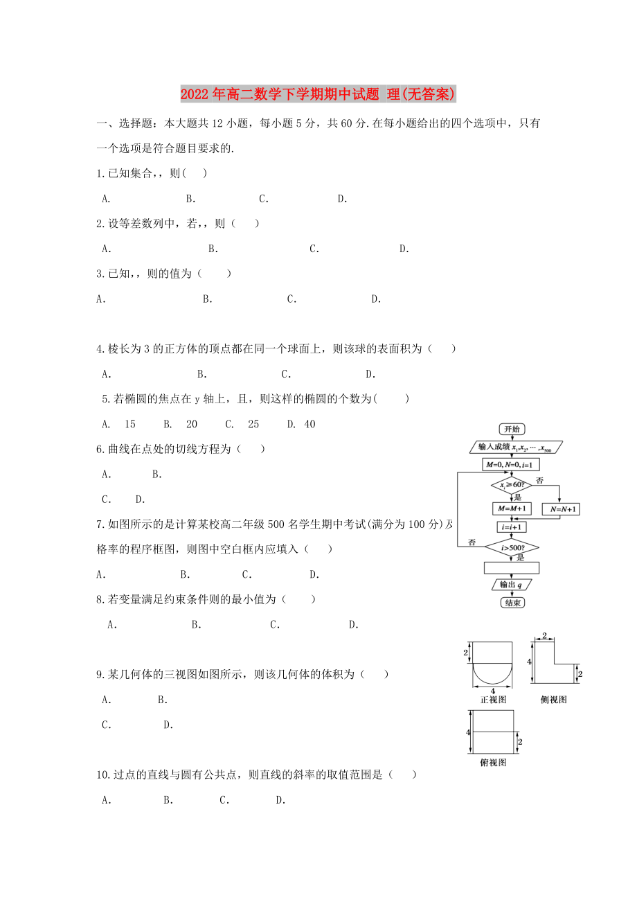 2022年高二數(shù)學(xué)下學(xué)期期中試題 理(無答案)_第1頁(yè)